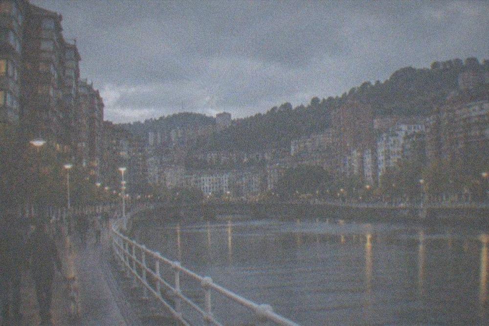 An evening residential street in Bilbao with lit apartment windows and people walking a dog