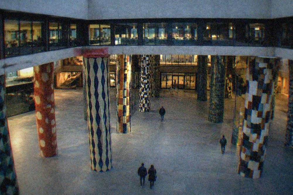 The colourfully columned atrium inside Azkuna Zentroa cultural centre in Bilbao