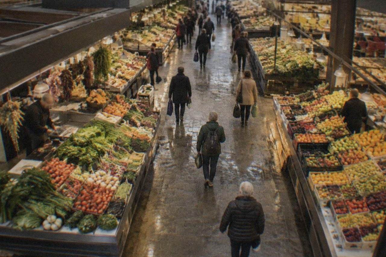 Interior of a covered food market in Bilbao with produce stalls and shoppers under warm lighting