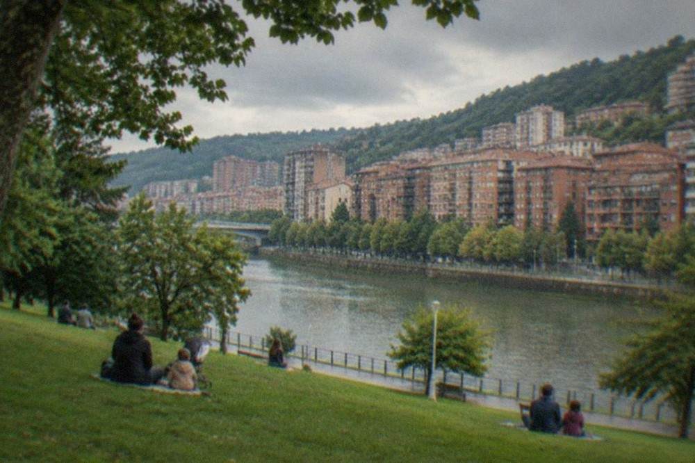 Families and strollers relaxing on grass under large trees in a Bilbao park