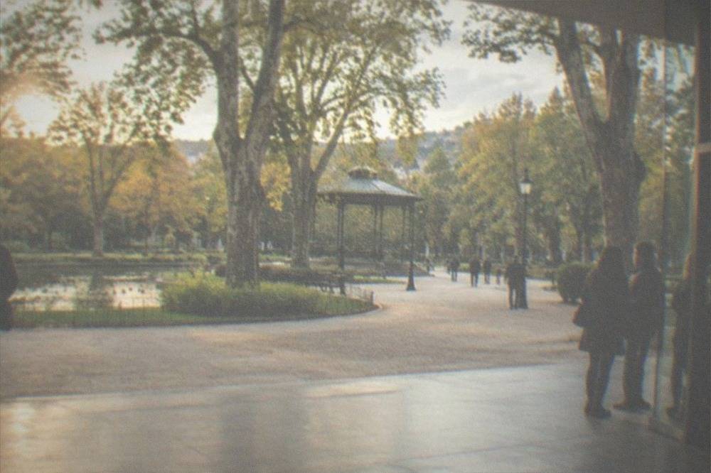 Modern museum atrium entrance facing a green park with people at the doorway