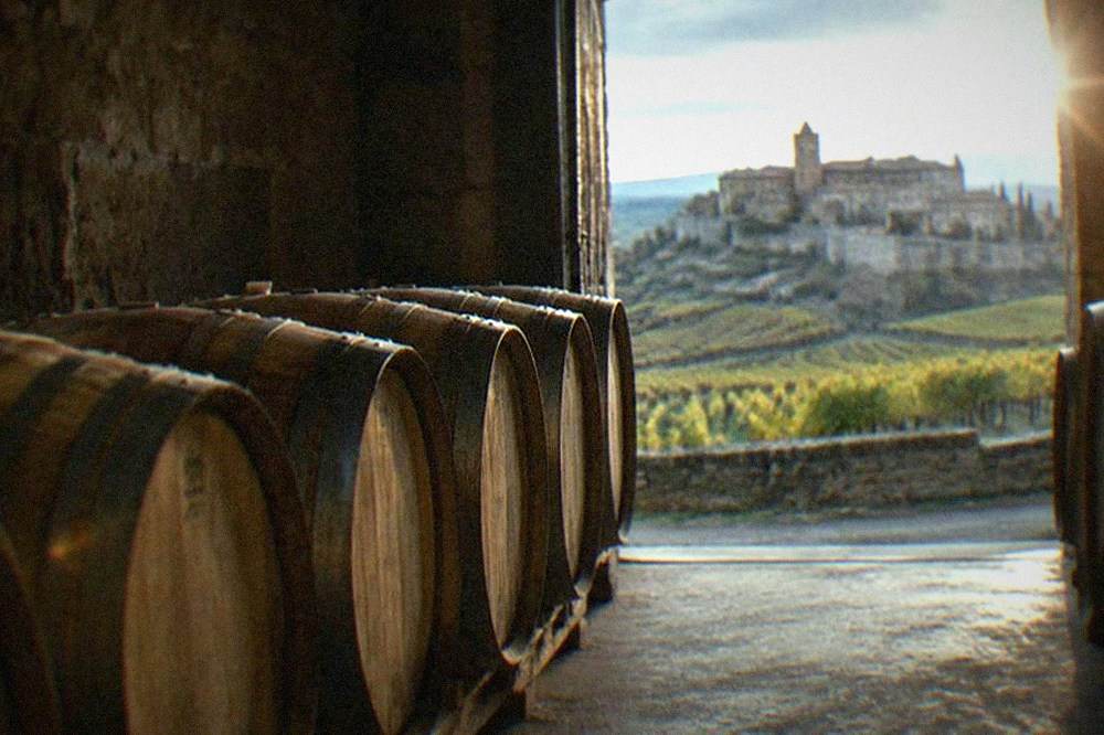 Barrel cellar with rows of oak barrels beneath the village of Laguardia