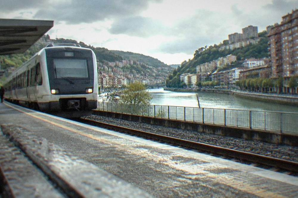 Euskotren train at a small station on the Bilbao to Bermeo line in Bizkaia