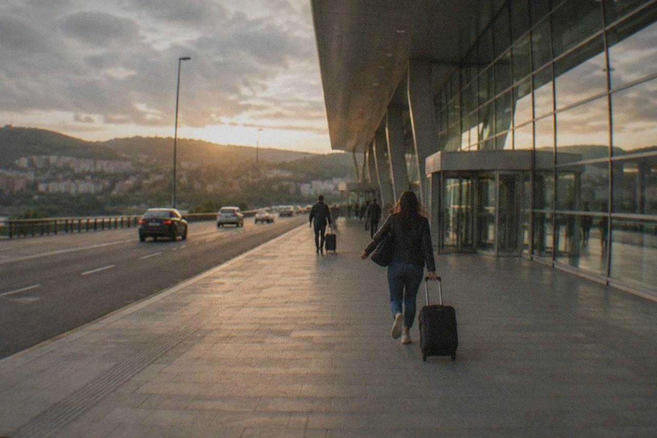 The terminal facade at Bilbao Airport in Loiu under a soft northern Spanish sky