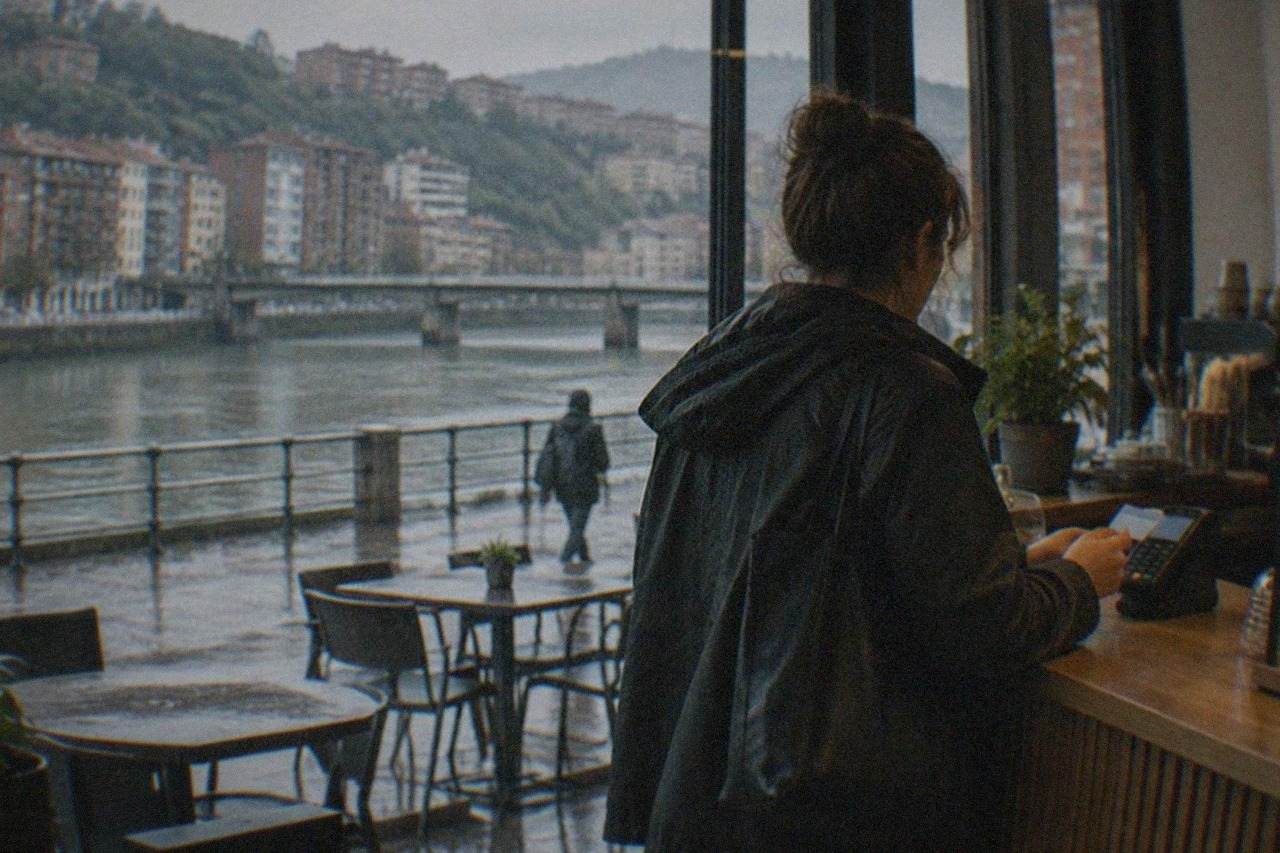 A person paying with a contactless card at a counter in a Bilbao cafe