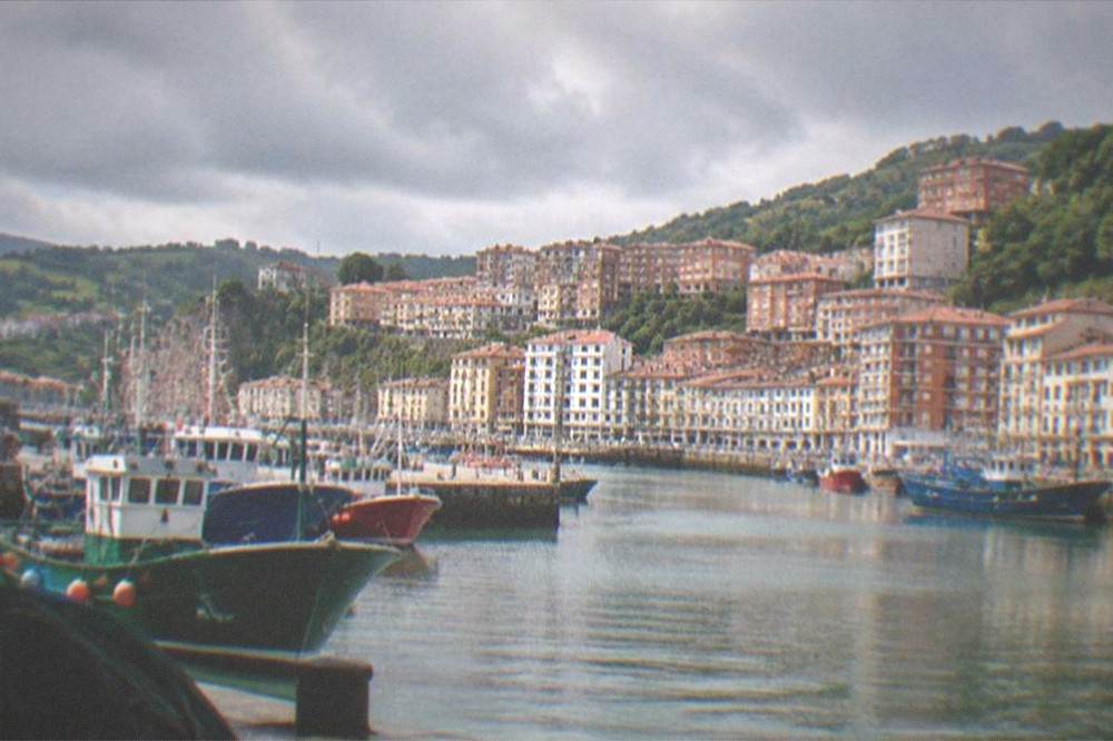 Fishing boats moored in the harbor at Bermeo with the town rising behind