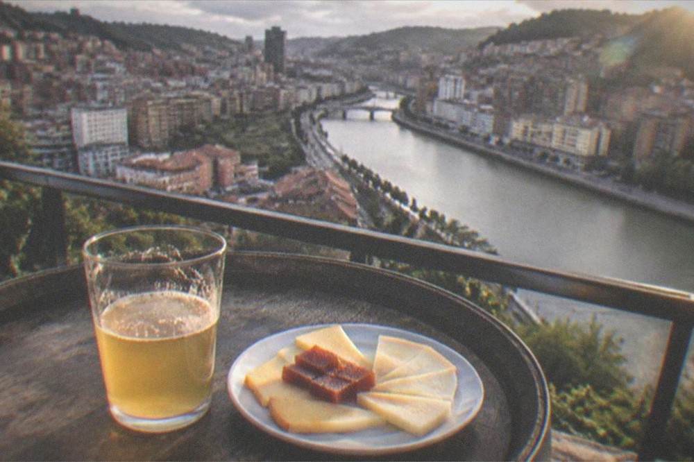 A glass of pale Basque cider on a wooden barrel beside a plate of cheese and quince paste