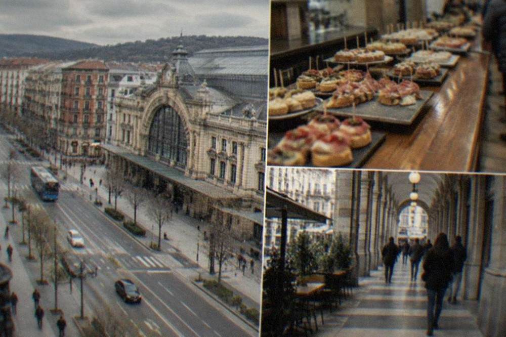 Pintxos displayed on a bar counter in Bilbao's old town arcade