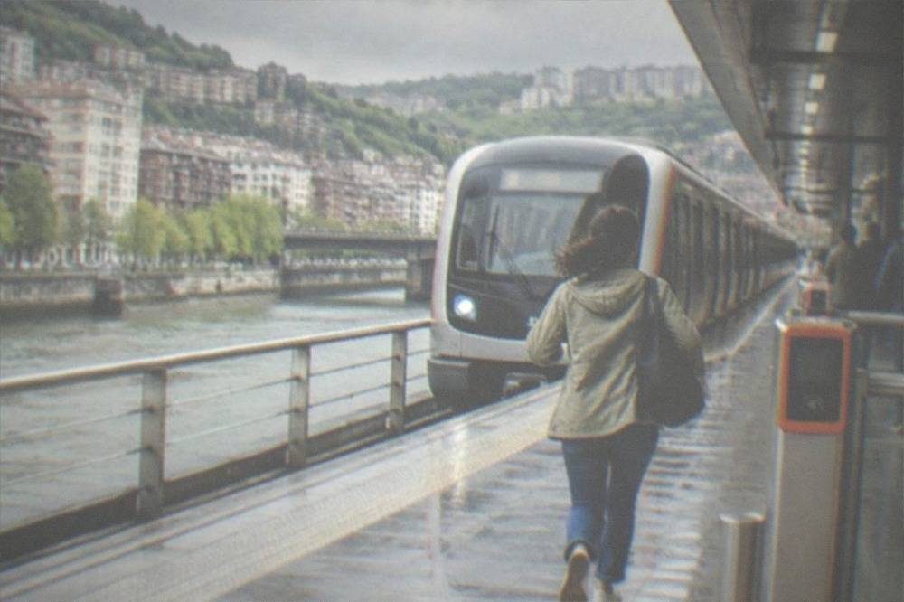 A Metro Bilbao train arriving at a platform with a Barik card validator at the gate