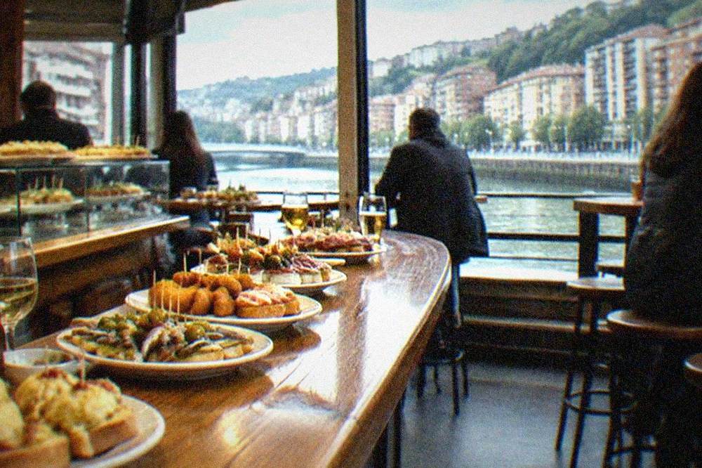 A pintxos bar counter in Bilbao crowded with plates and glasses during the evening