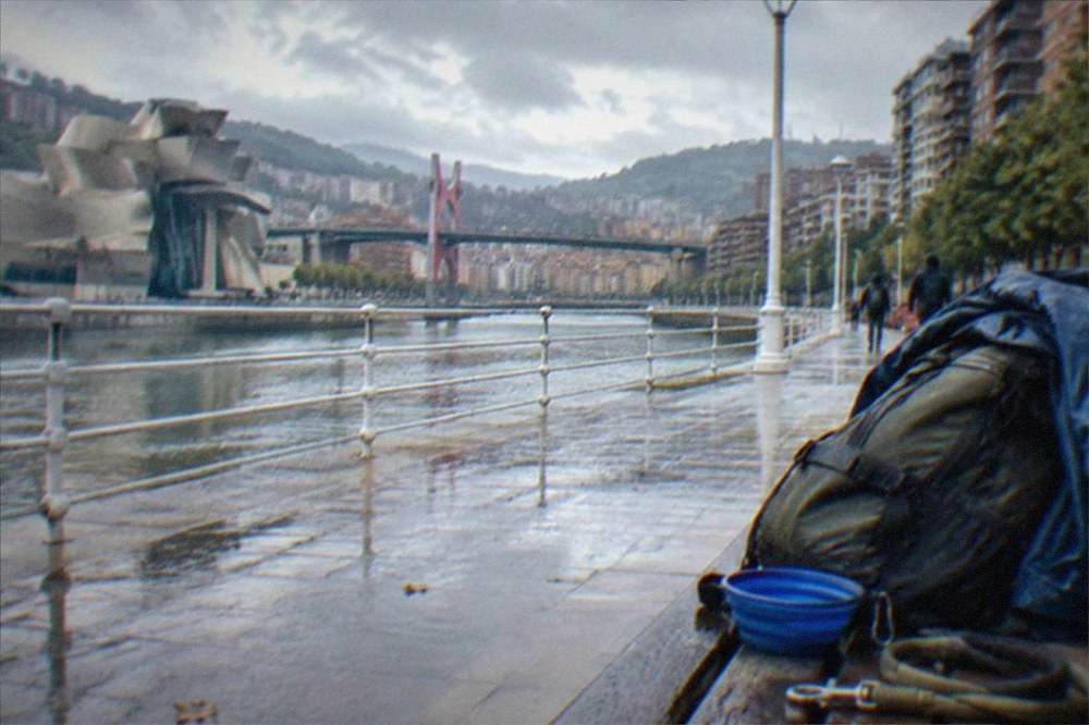 A packed daypack with a folded rain jacket, a collapsible dog bowl and a dog lead resting on a bench