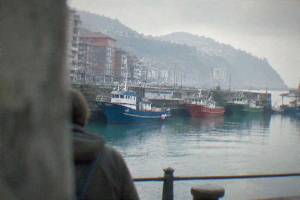 Colourful fishing boats moored in Bermeo harbour with the Basque coast behind