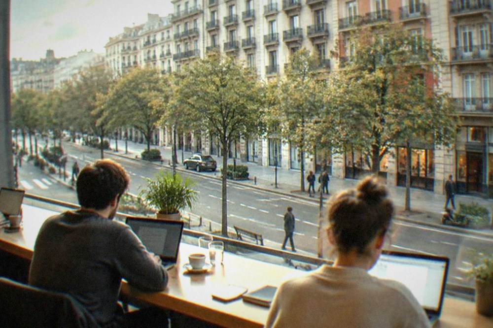 People using laptops at a bright café counter in Bilbao's Ensanche district