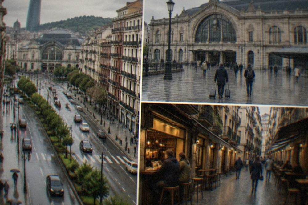 A narrow street in Bilbao's old town lined with pintxos bars and pedestrians