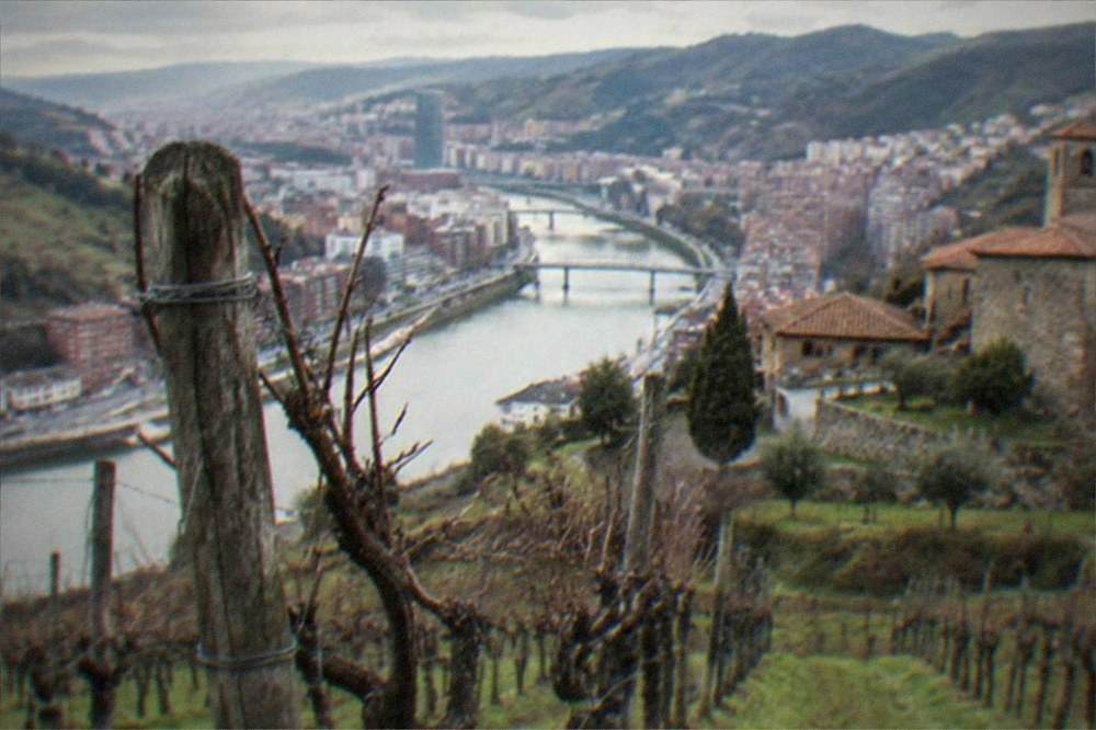 Vineyard hills and a stone village in the Rioja wine region south of Bilbao