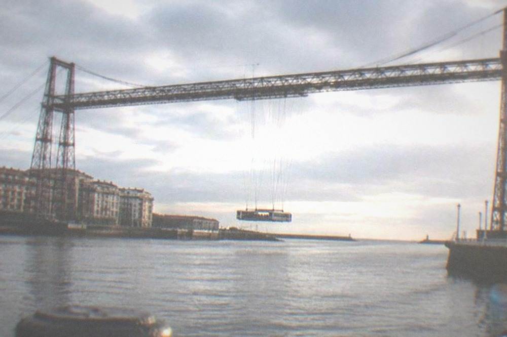 The transporter bridge across the river mouth at Getxo with its suspended gondola carriage