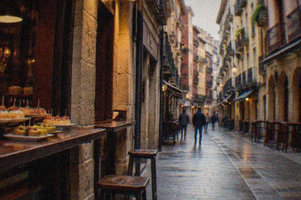The seven streets of the Casco Viejo old town in Bilbao lined with pintxos bars and painted facades in the evening