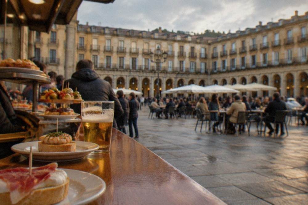 People eating pintxos at a crowded bar counter in Bilbao's Plaza Nueva