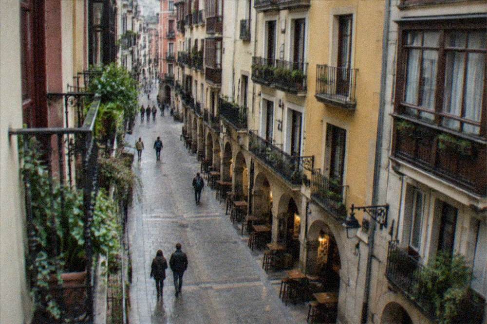 The narrow medieval Siete Calles streets of Bilbao's Old Town in soft evening light